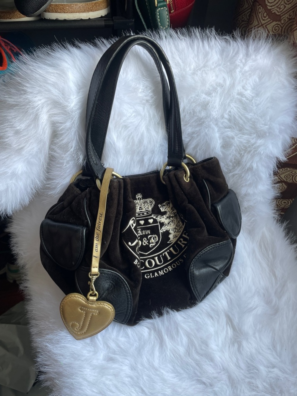 Vitage rare Juicy Couture  Dark Brown Velvet & Black Trim Shoulder Bag with